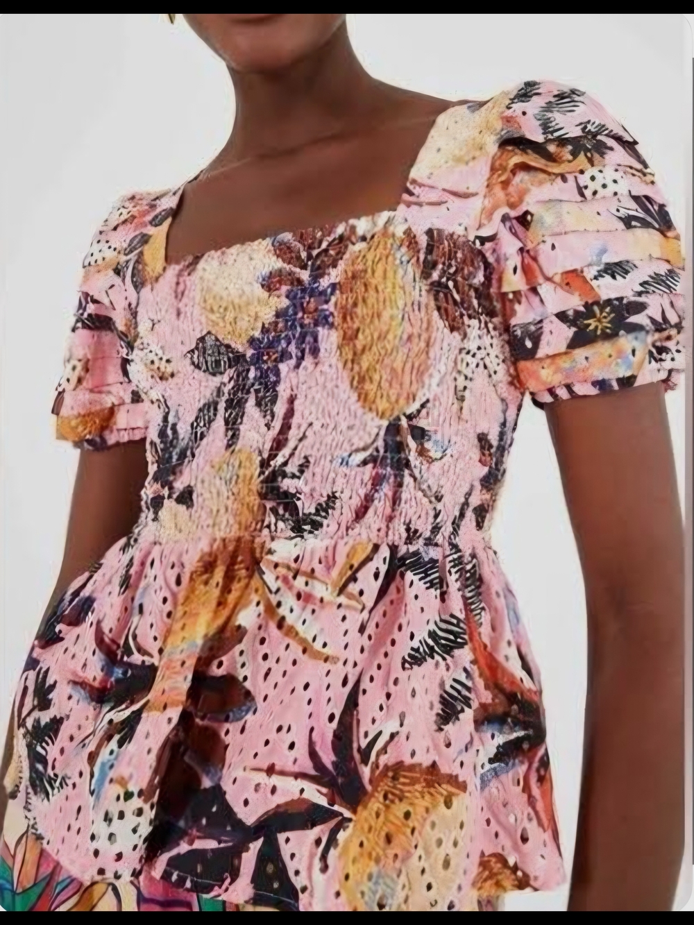 FARM Rio Pink Floral Smocked Puff-Sleeve Top